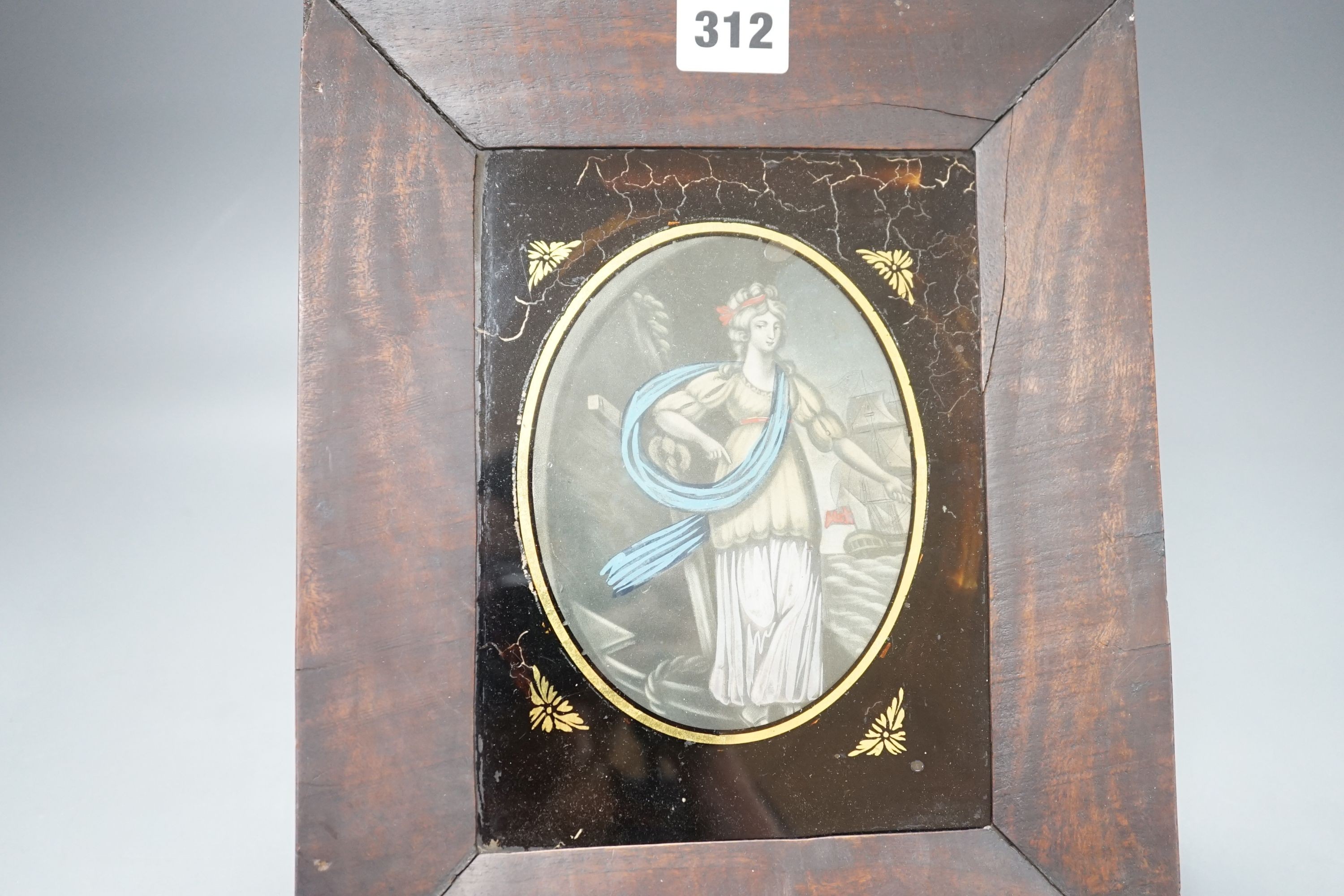 A Regency reverse painting of Brittania, 13.5 cms wide x 18.5 cms high.